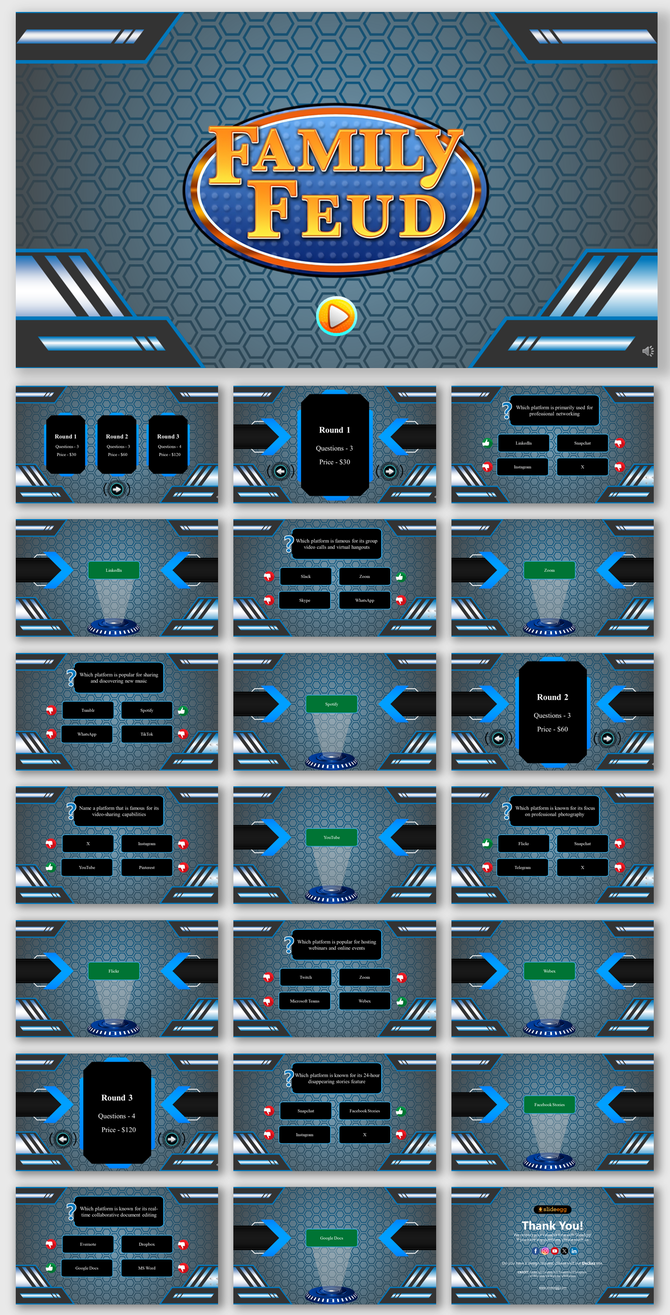 Family feud game slides with blue and gray hexagonal design, featuring multiple quiz rounds and interactive question format.