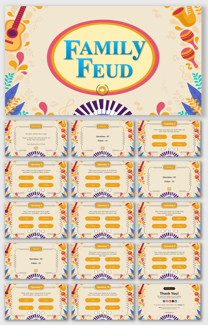 Family feud game slides with multiple choice questions framed by vibrant musical elements, on a beige background.