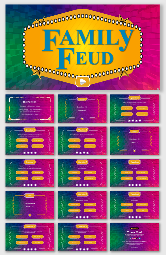 Family Feud game slide deck with a vibrant multicolor background, video game trivia questions, and animated answer buttons.