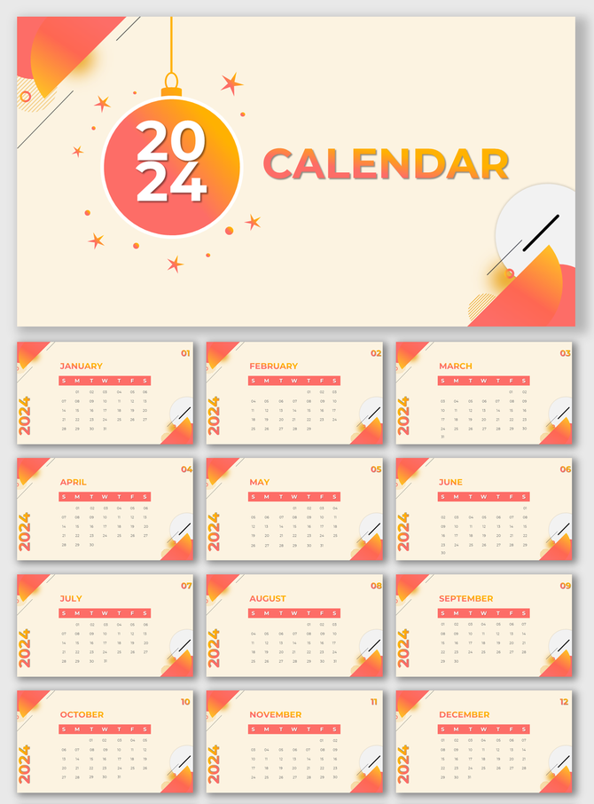2024 calendar slide deck with warm orange and beige theme, displaying each month on separate slides with decorative accents.