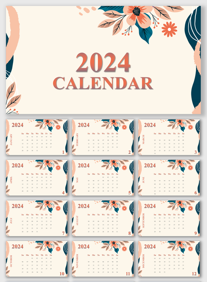 2024 calendar PPT slides with a floral design, featuring all months of the year with a soft, pastel color palette.