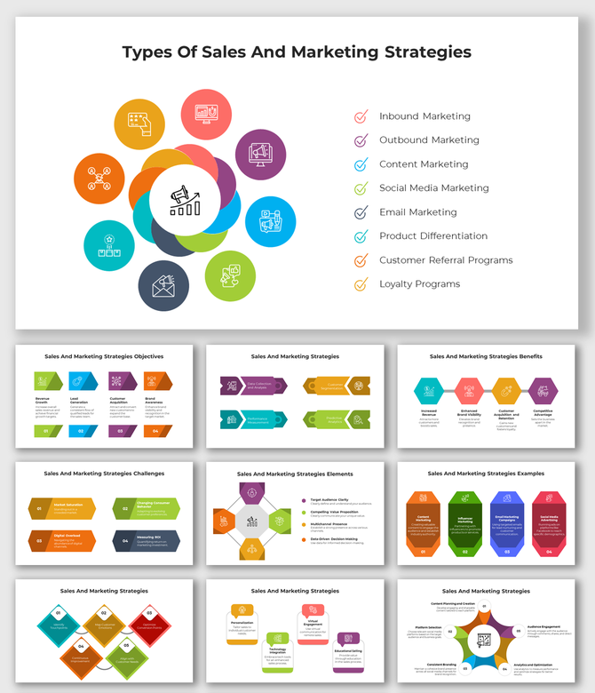 Slide pack with vibrant icons and shapes, illustrating sales and marketing strategies, and examples in multiple colors.