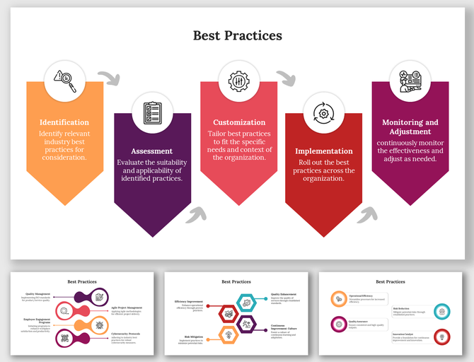 Slide deck with colorful banners and various layouts for best practices, using vibrant colors and icons.