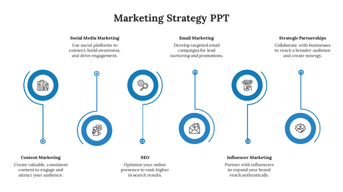 Six blue circular icons aligned horizontally, each with a line connecting to captions above and below.