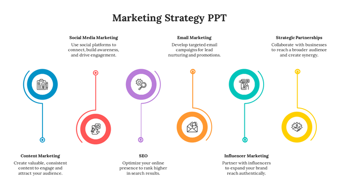 Infographic highlighting six marketing strategies with icons in colored placeholders text placed in a white background.