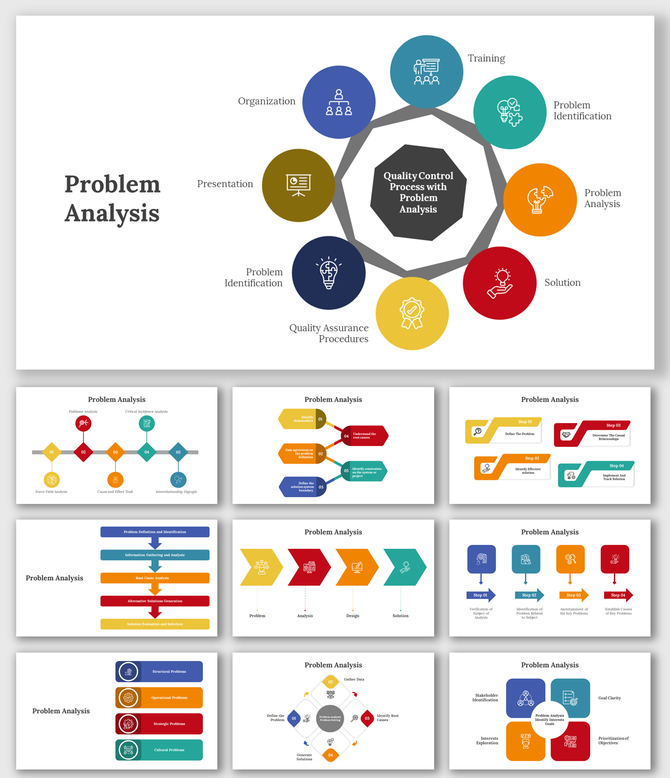 Problem analysis slide deck featuring circular, linear, and flowchart layouts in colorful icons and shapes.