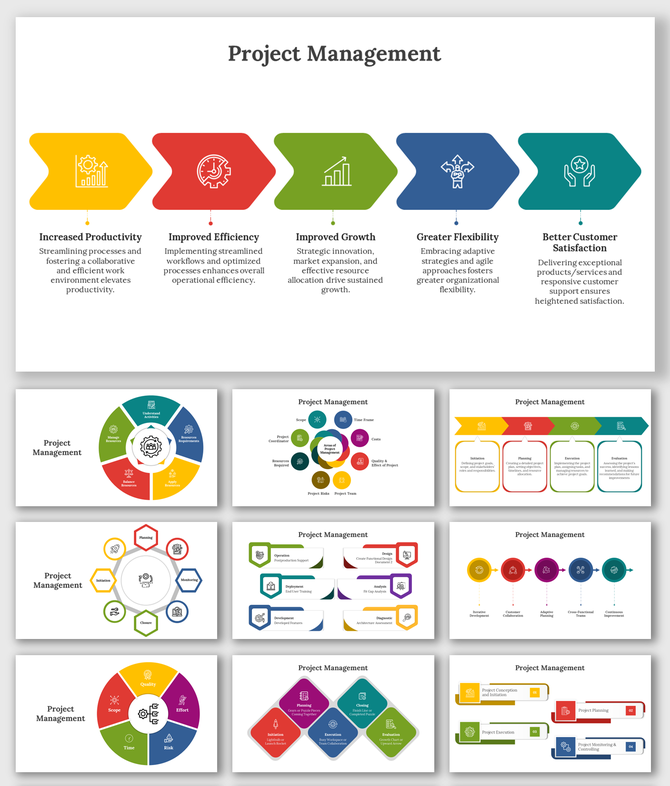 Slide deck with colorful flowcharts, circular diagrams, and icons showcasing various project management steps and processes.