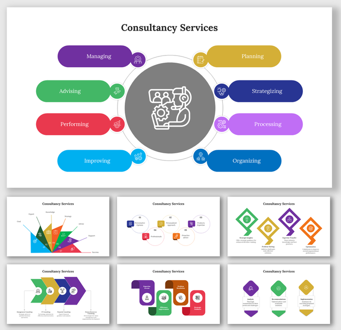 Consultancy services slides highlighting key service areas in different colorful layout designs with icons and text.