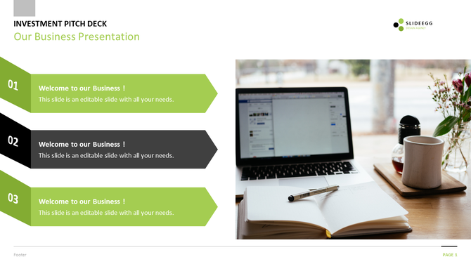 Investment pitch deck slide with numbered steps and text, featuring an office desk with a laptop and notebook.