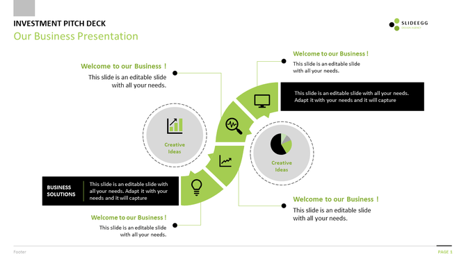 Business slide featuring a circular flow of creative ideas, pie chart, and growth graph with  placeholders text areas.