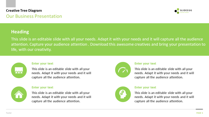 Creative tree diagram, featuring four with icons representing different business concepts, set on a green background.