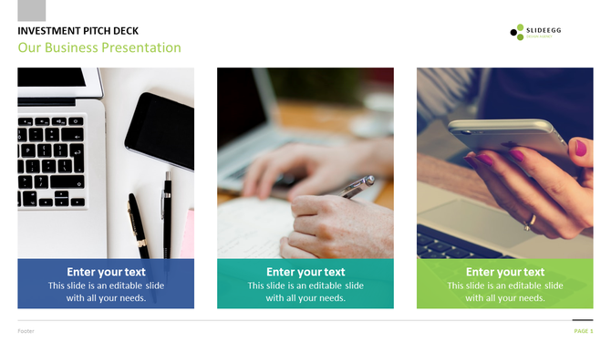 Business slide with three vertical image sections showing a laptop, writing hand, and smartphone user, with text fields.