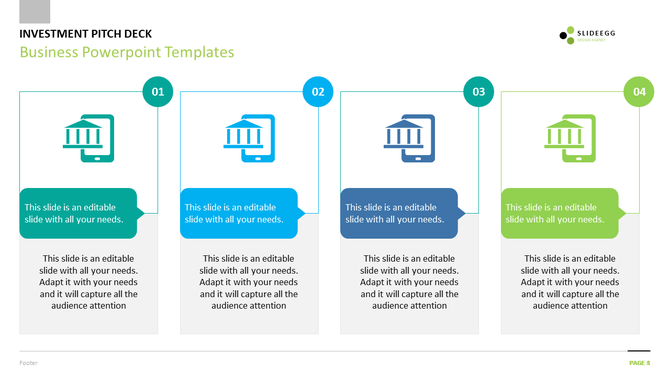Business PPT slide featuring four sections with icons representing buildings on tablets, each labeled with different numbers.