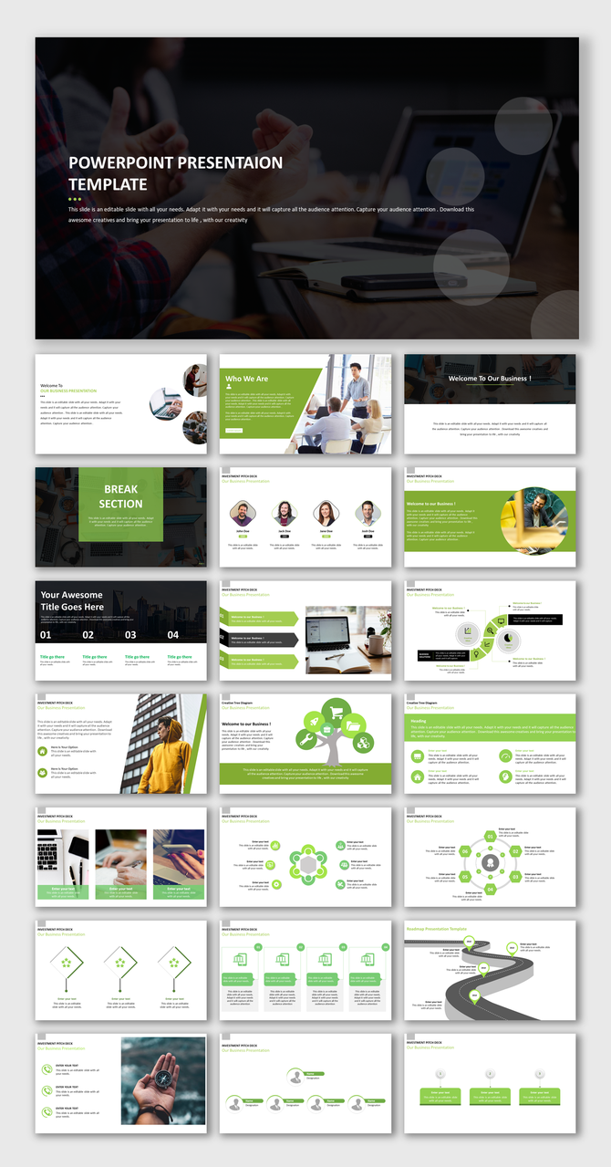 Corporate slide deck in green, white, and black, showcasing planning, investment pitch, roadmaps, and infographic slides.