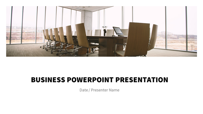 Business slide featuring a modern conference room image with large windows and text below.
