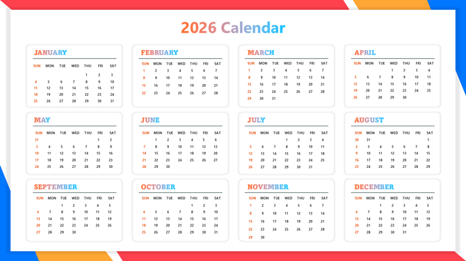 Calendar PowerPoint showing 2026 yearly layout with 12 month cards, orange dates, colorful borders.