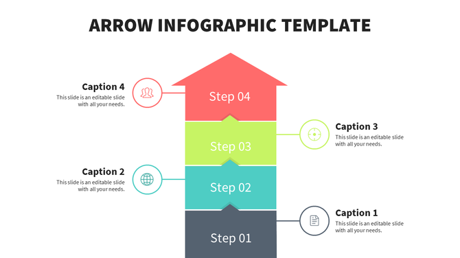 Arrow infographic PowerPoint template showing four steps with captions and colorful icons with placeholder text.