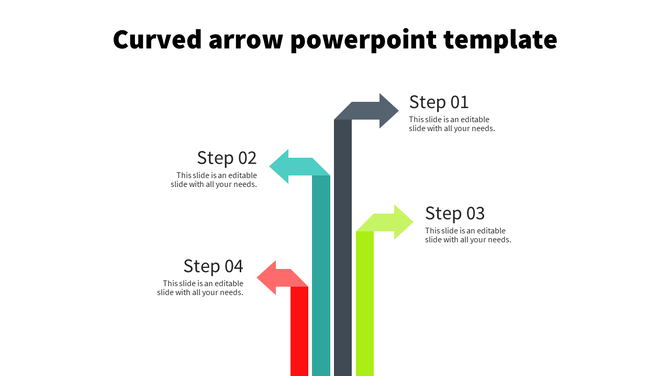 Infographic slide featuring four curved arrows in blue, green, red, and gray, representing process steps.