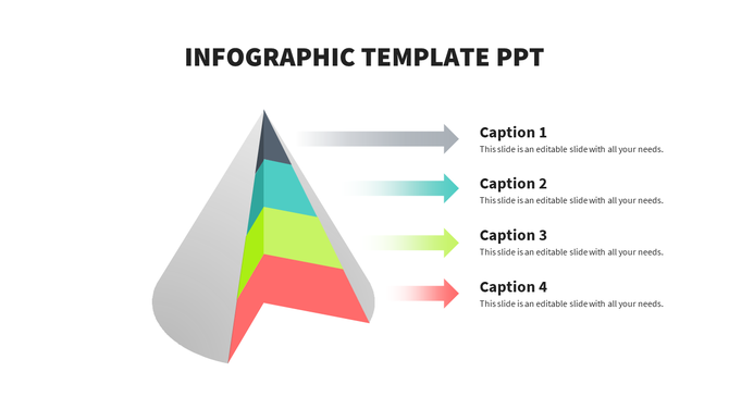 Pyramid style infographic slide with four color coded layers and corresponding captions connected by arrows.