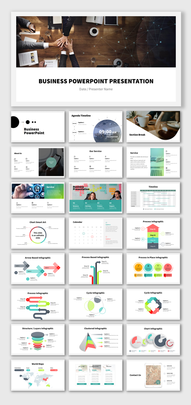 Slide deck with visuals of business services, processes, world maps, and interactive infographics using coloful layouts.
