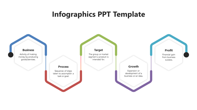 Infographics PPT template featuring five color hexagonal elements representing business, process, target, growth, and profit.
