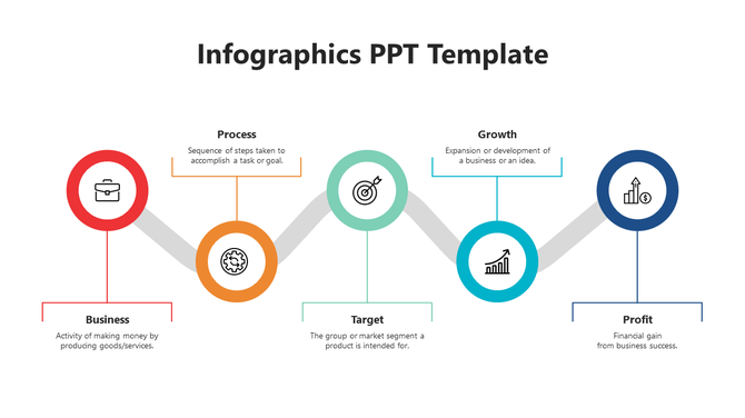Infographic layout with five circular icons in red, orange, green, teal, and blue, connected by gray line.