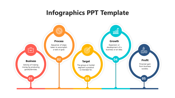 Business process infographic template featuring numbered colorful circles with icons for key concepts on a white backdrop.
