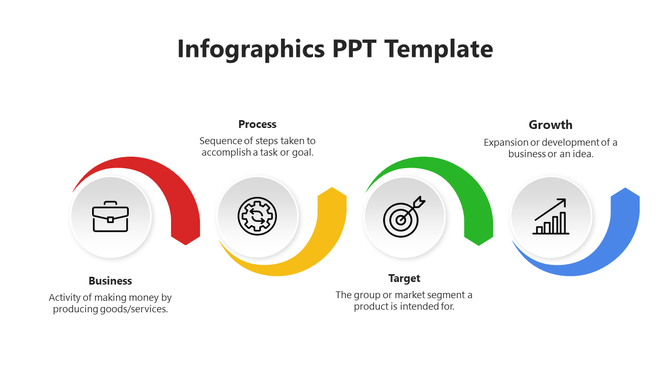 Infographic PPT template with four steps represented by colorful curved arrows and icons on a white backdrop.
