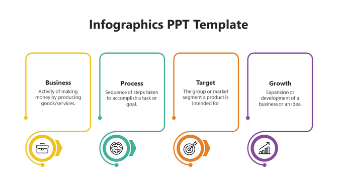 Infographics showing yellow, teal, orange, and purple box with briefcase, gear, target, and growth icons representing stages.