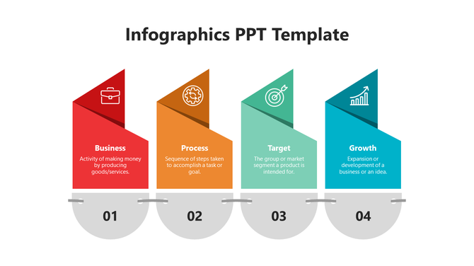 Colorful infographic slide with four triangular sections in red, orange, green, and blue, each with a description and number.