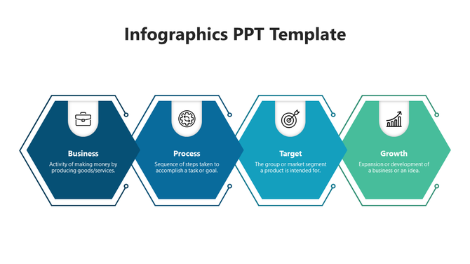 Infographic slide with four hexagonal segments in blue and green, representing stages Business, Process, Target, Growth.
