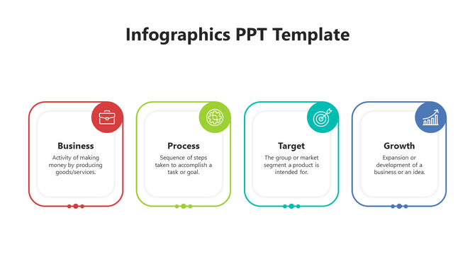 Modern infographic PowerPoint template with four color coded sections highlighting business, process, target, and growth.