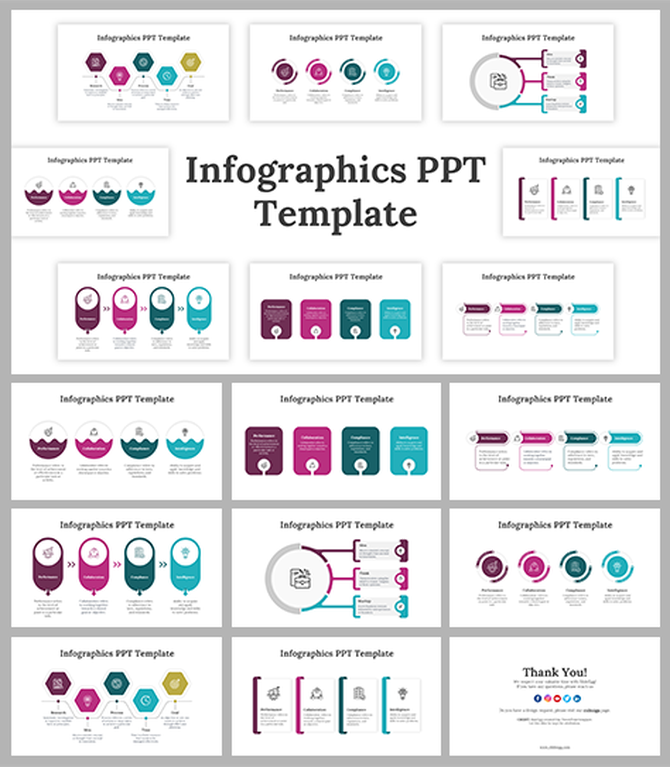 Collection of infographic slide previews in magenta, teal, and yellow tones, featuring business and process diagrams.