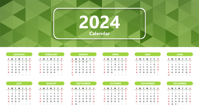 2024 calendar with a green triangular background and months displayed in a grid format and red weekend dates.