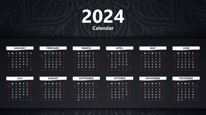 Elegant 2024 calendar PowerPoint template with a dark background and a modern, minimalist design.