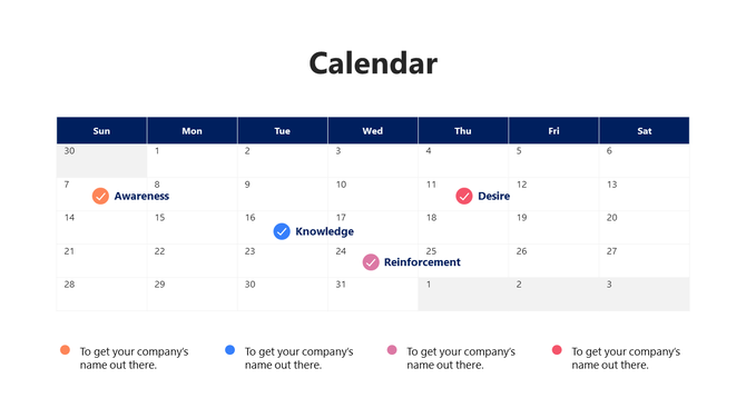 Monthly calendar layout with events marked by colored check icons on selected weekdays and a matching color legend below.