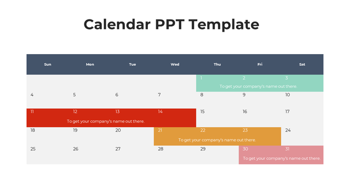 Monthly calendar with horizontal color coded event bars in mint green, red, orange, and pink spanning across date rows.