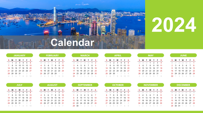 2024 calendar with a colorful city skyline background, green monthly headers, and red highlighted weekends.