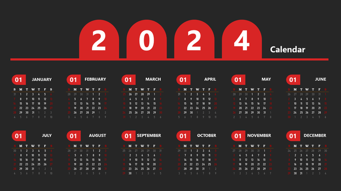 Modern 2024 calendar PowerPoint template with a bold red and black design and a structured monthly layout.