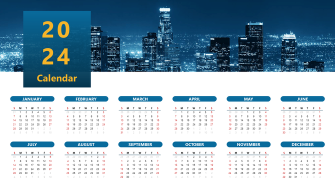Yearly calendar for 2024 featuring monthly grids in blue sections below a cityscape background and vertical yellow year panel.