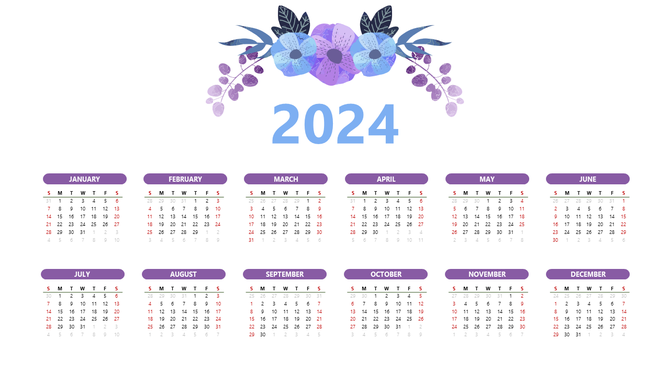 2024 calendar design featuring purple accents, floral artwork at the top, and months displayed in a grid format.