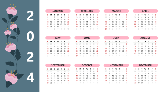 2024 calendar template with a floral design on the left, and each month in a grid format with pink accents.