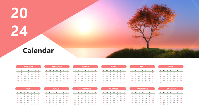 A colorful 2024 calendar template featuring monthly grids and a scenic background of a sunset with a tree.