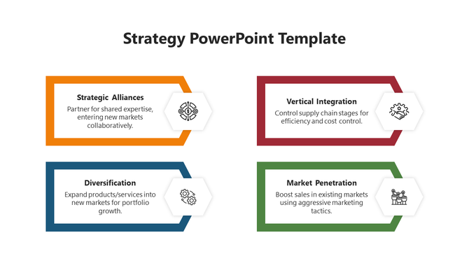 Four colorful rectangular outlines in orange, red, blue, and green with icons and descriptions for various strategies.