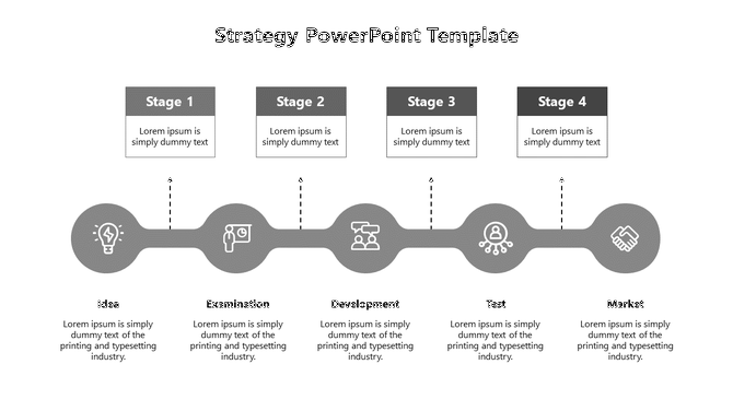 Four gray stages, representing a strategy process, with circular icons connected by dashed lines on a white backdrop.
