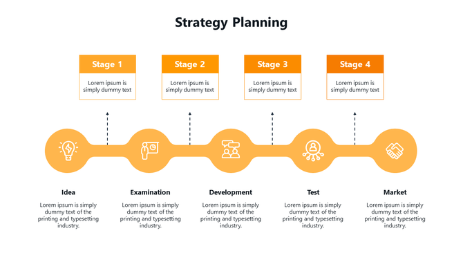 A strategic planning diagram featuring four steps, each represented by an icon and placeholder text areas.