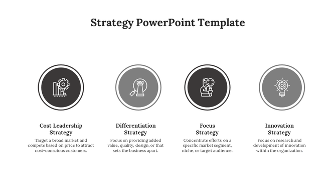 Strategy slide with four black and gray circular icons, each labeled with a strategy and accompanied by a short description.