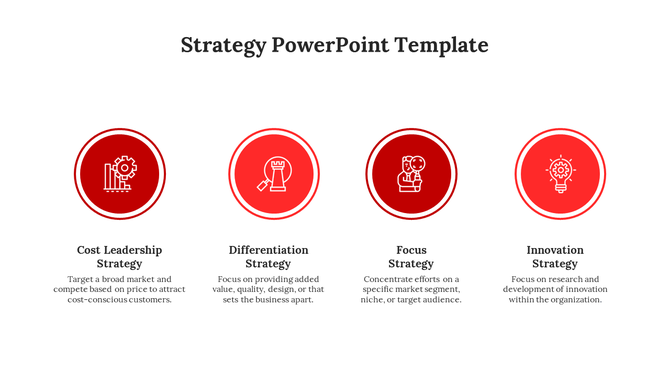 Strategy slide with four red circular icons in a row, each with a bold white graphic and caption below on a white background.