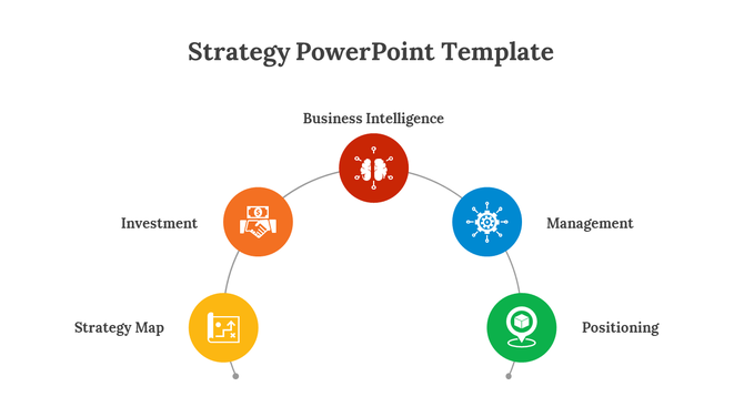 Colorful business intelligence infographic slide displaying five strategic components linked in a semi circular format.