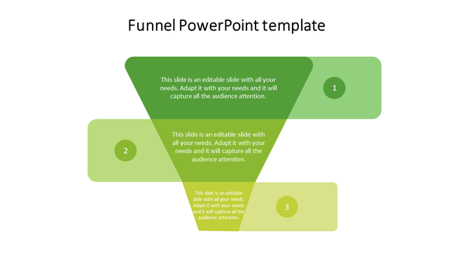 Green funnel graphic with descending segments linked to rounded boxes numbered 1, 2, and 3 on alternating sides.